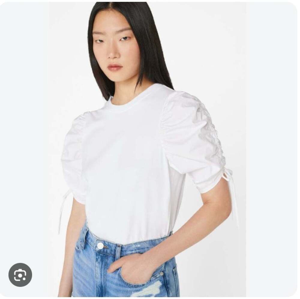 FRAME Shirt Womens XS White Puff Sleeve Crew Neck Jersey Tee Top Bow Detail